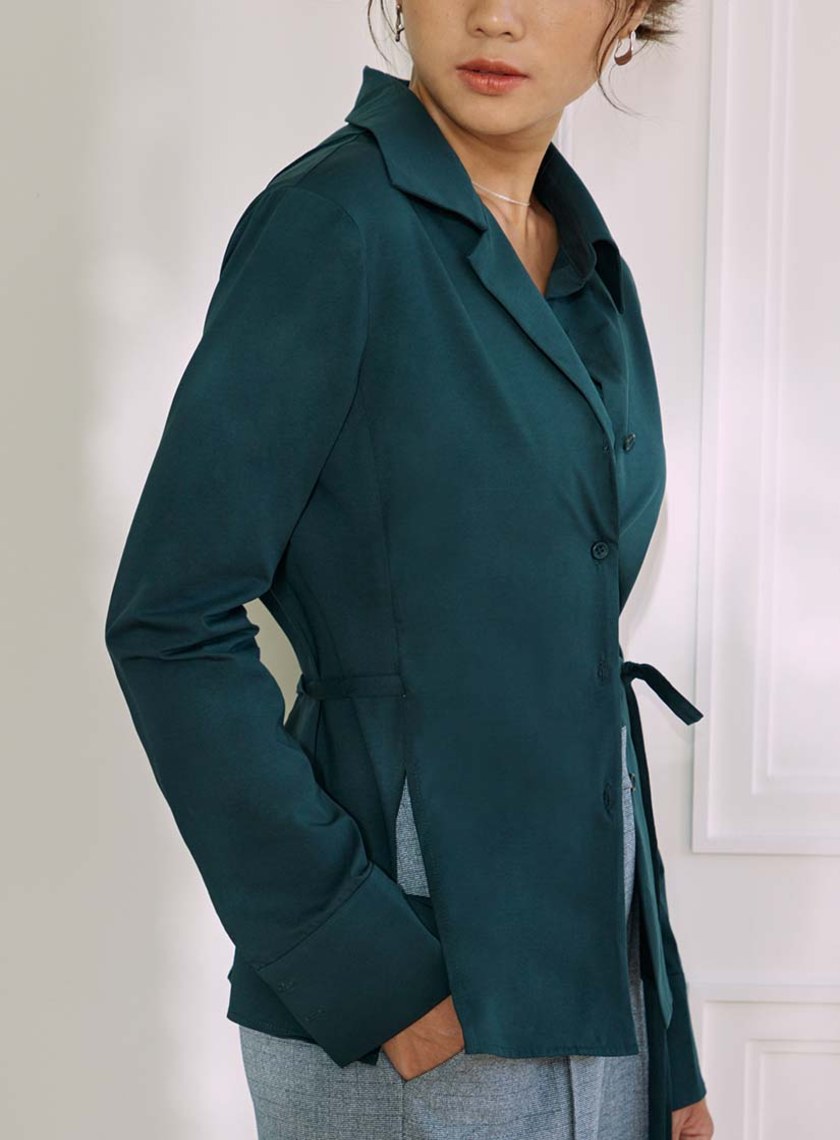 不對稱領彈力綁帶長袖襯衫